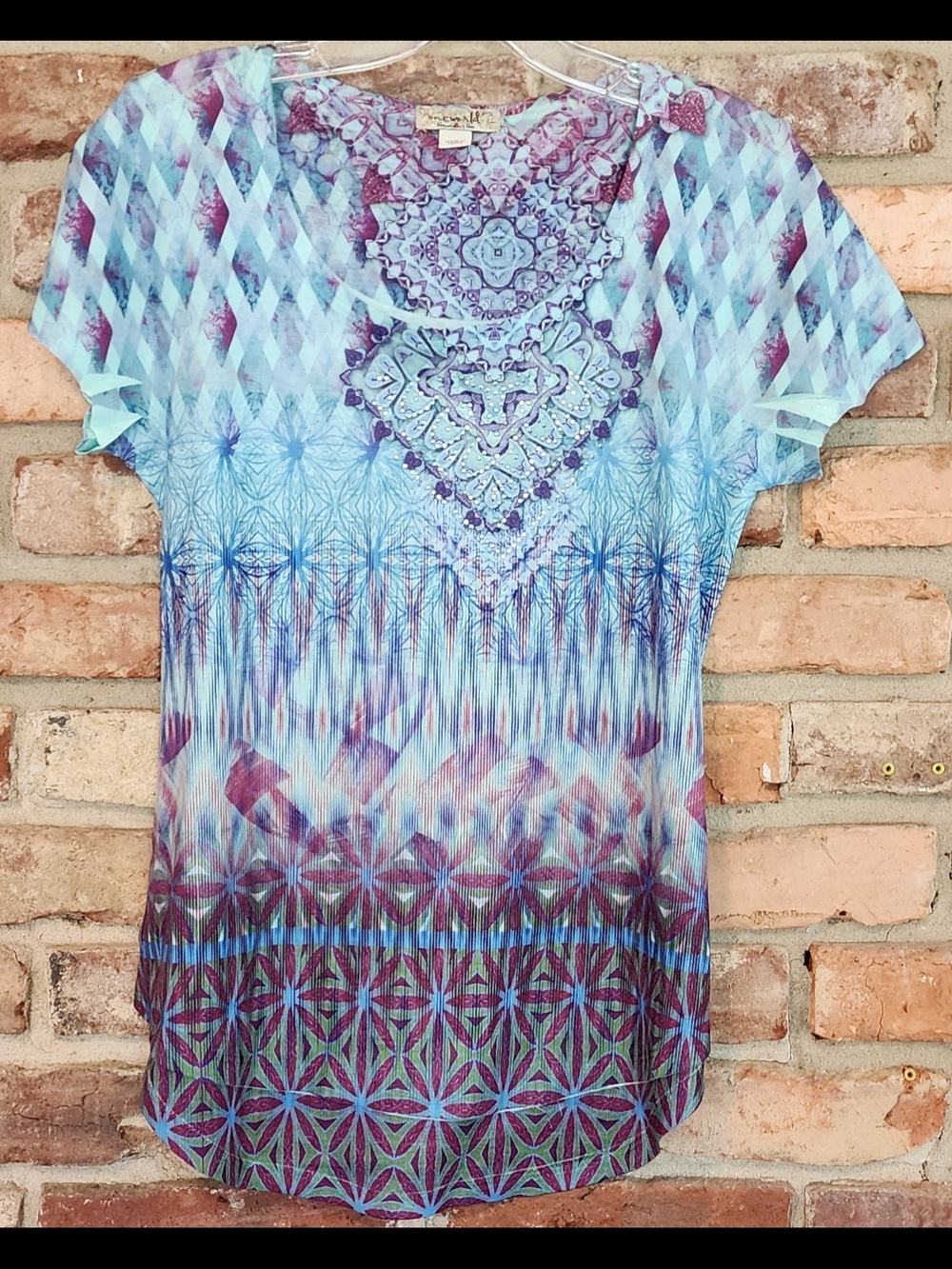 ONE WORLD Blue & Purple Patterned Short Sleeve Top Petite Small